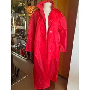 Vintage Aqua Sheen Red Hooded Rain Coat Longline Button Front Trench Jacket